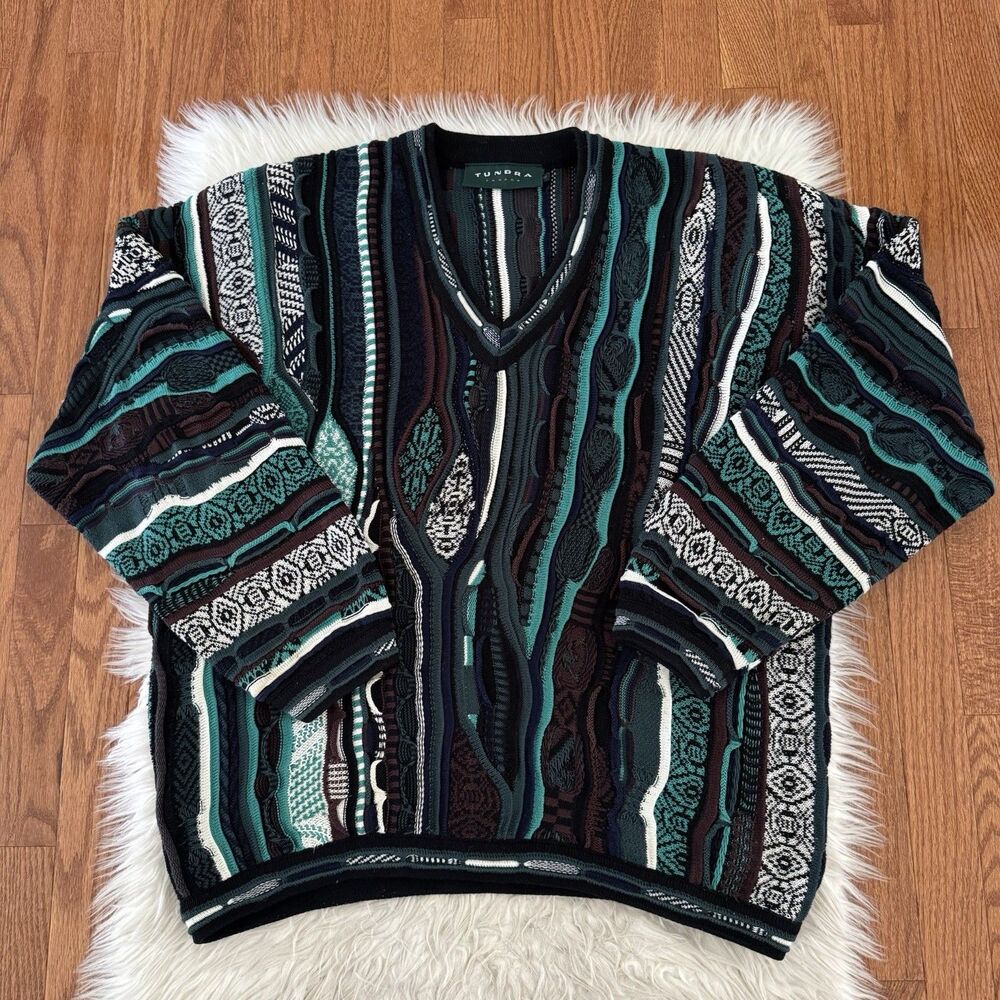 Tundra Canada 3D Knit Coogi Style Sweater Men’s XL Green Black Vintage 90s EUC